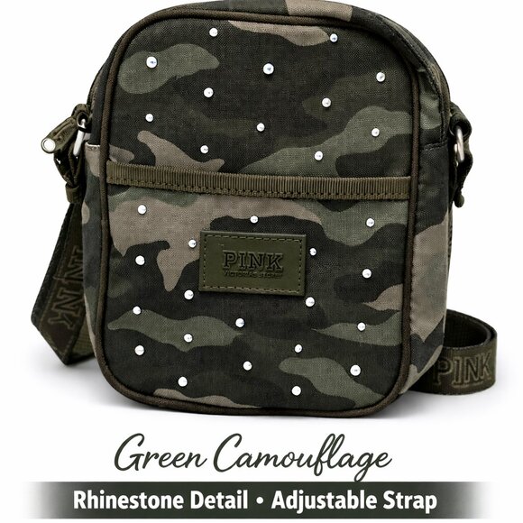 PINK Victoria's Secret Handbags - PINK Victoria’s Secret Camo Rhinestone Crossbody Bag Green Studded Mini Purse